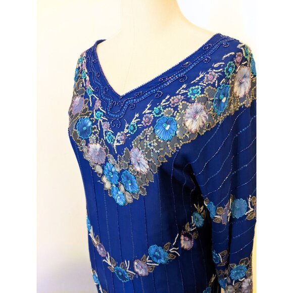 Vintage 70s Painted & Beaded Chiffon Dress from Germany Formal Prom Gown Sz L - Picture 10 of 16